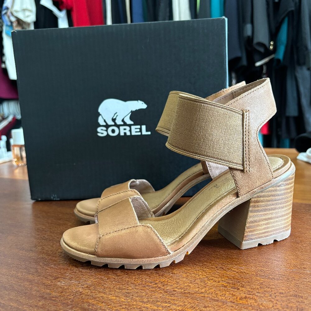 Sorel Nadia Camel Brown Lug Sole Chunky Cute Sandal Heels - Size 6.5